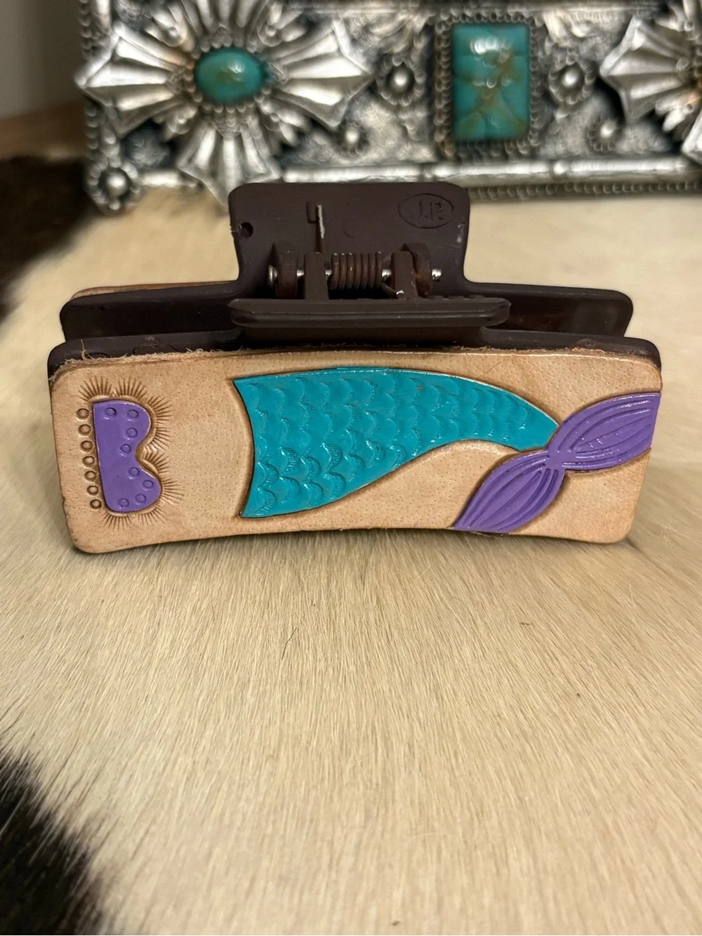 Mermaid Leather Hair Claw Clip in Turquoise & Purple